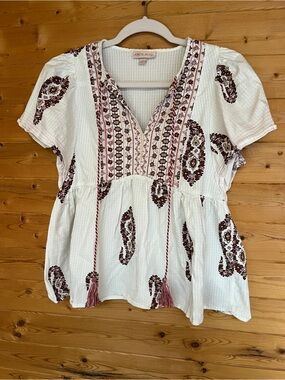 Knox Rose White Peasant Top with Pink and Burgundy Tassel Embroidery